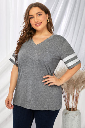 Captivating Striped Plus Size V-Neck T-Shirt - MXSTUDIO.COM