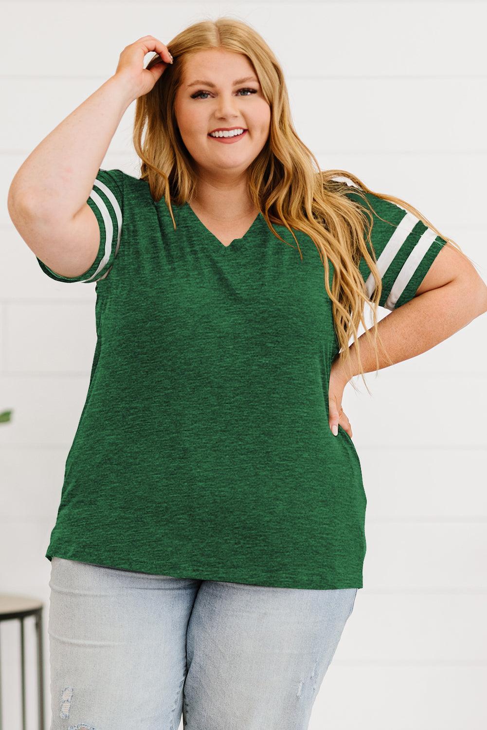 Captivating Striped Plus Size V-Neck T-Shirt - MXSTUDIO.COM