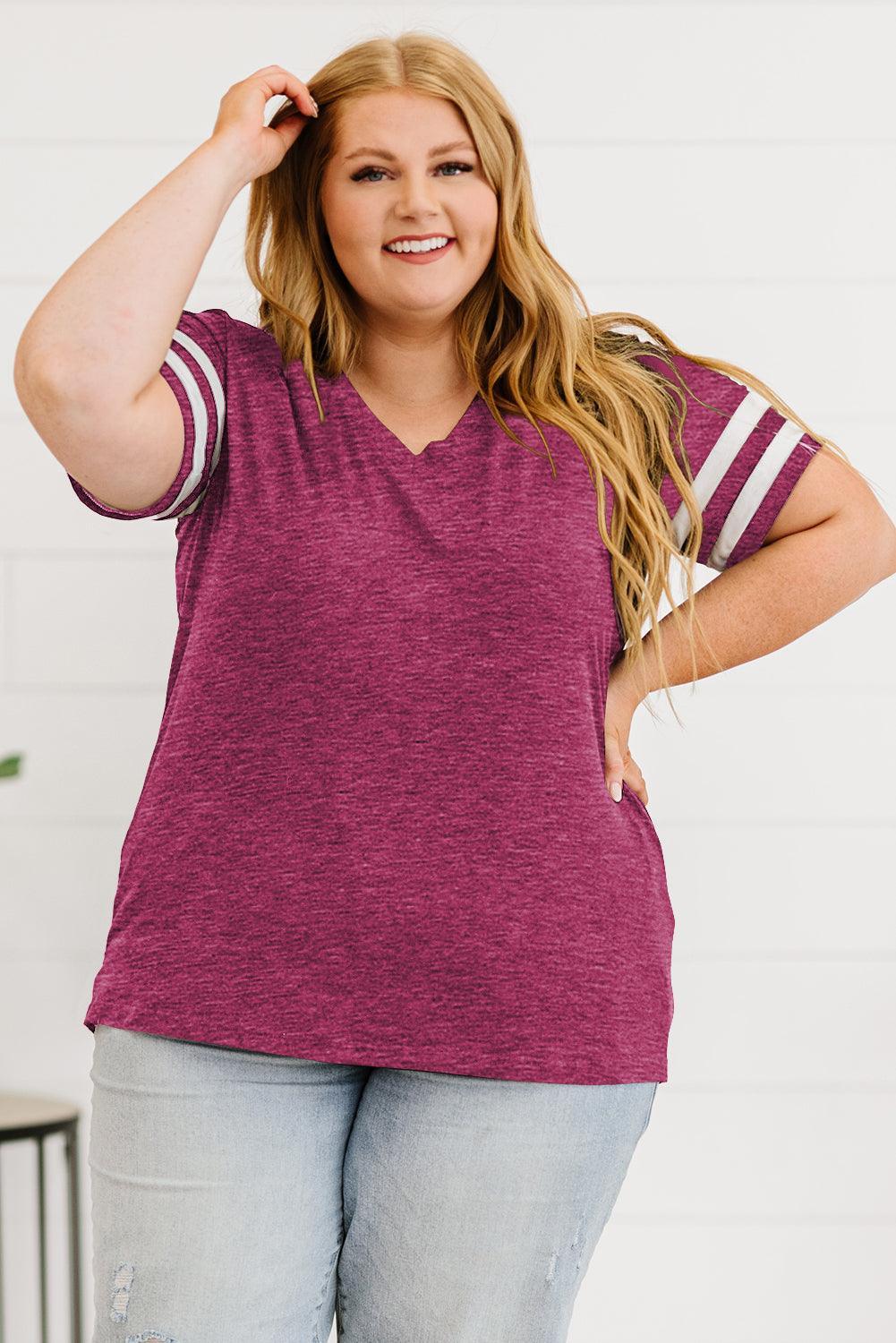 Captivating Striped Plus Size V-Neck T-Shirt - MXSTUDIO.COM