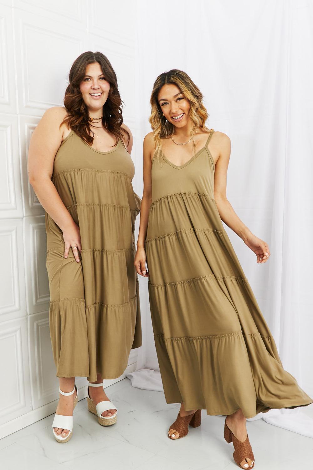 Casual Elegance Plus Size Tiered Khaki Maxi Dress - MXSTUDIO.COM