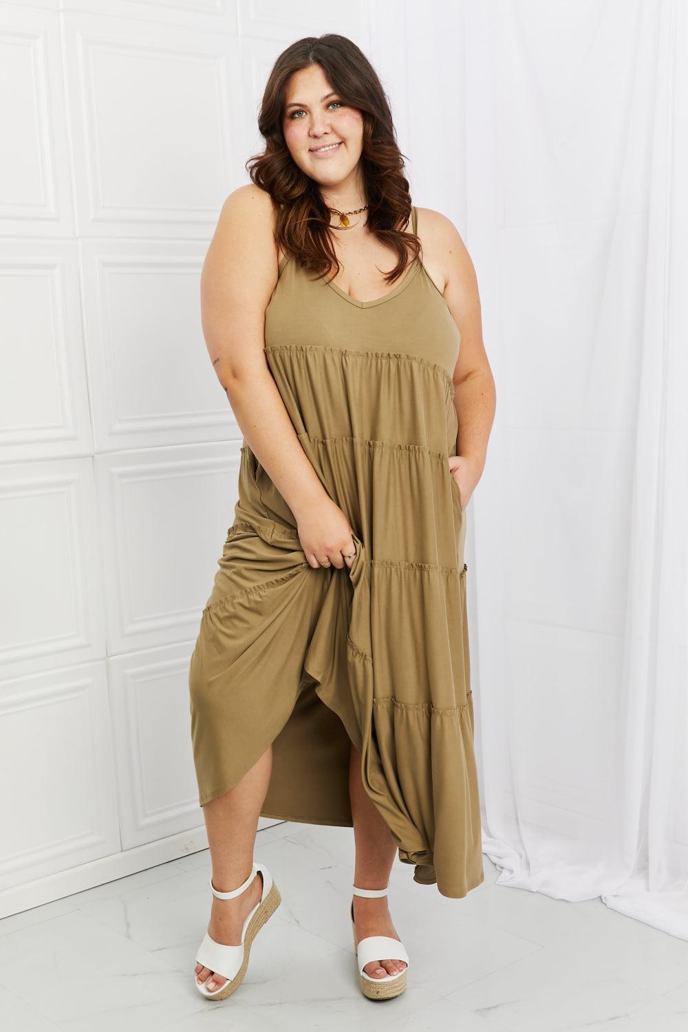 Casual Elegance Plus Size Tiered Khaki Maxi Dress - MXSTUDIO.COM