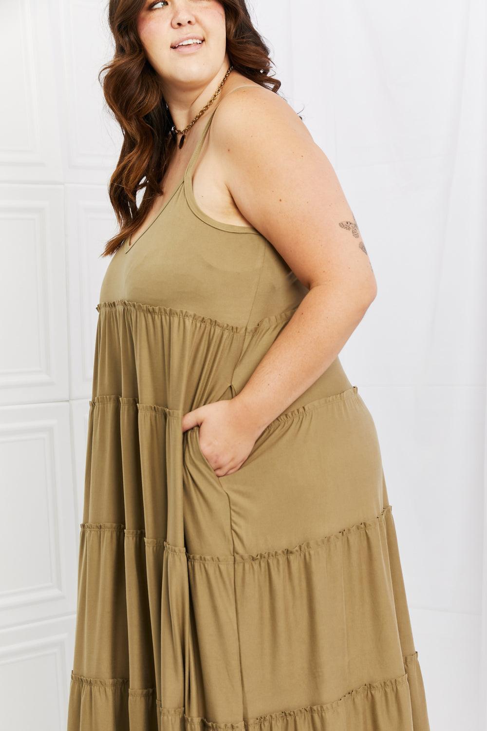 Casual Elegance Plus Size Tiered Khaki Maxi Dress - MXSTUDIO.COM