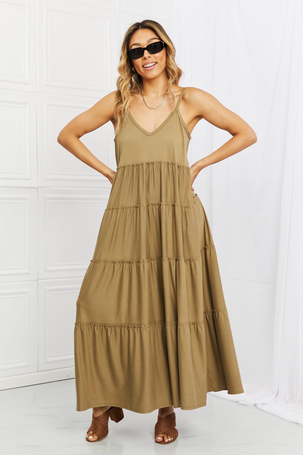 Casual Elegance Plus Size Tiered Khaki Maxi Dress - MXSTUDIO.COM