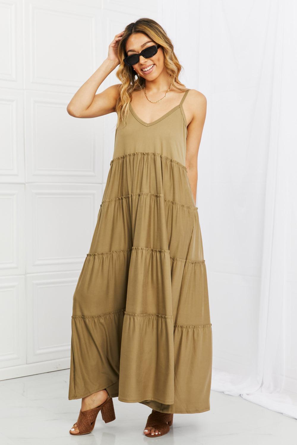 Casual Elegance Plus Size Tiered Khaki Maxi Dress - MXSTUDIO.COM