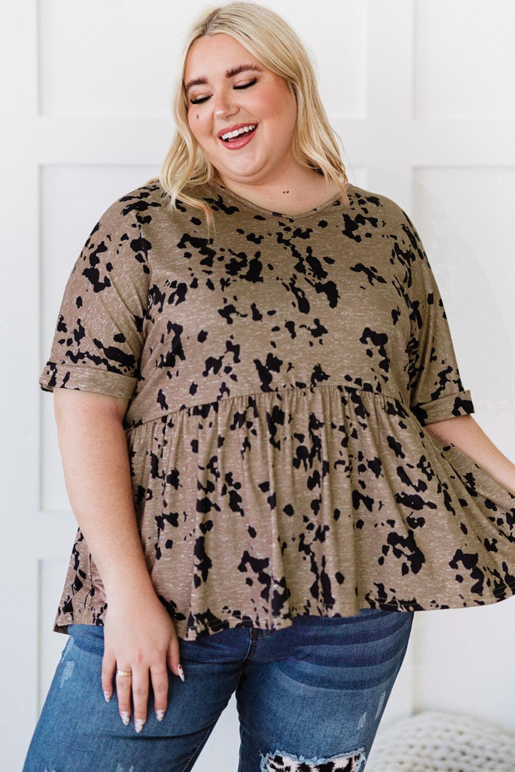 Charming Plus Size Printed Khaki Babydoll Top - MXSTUDIO.COM