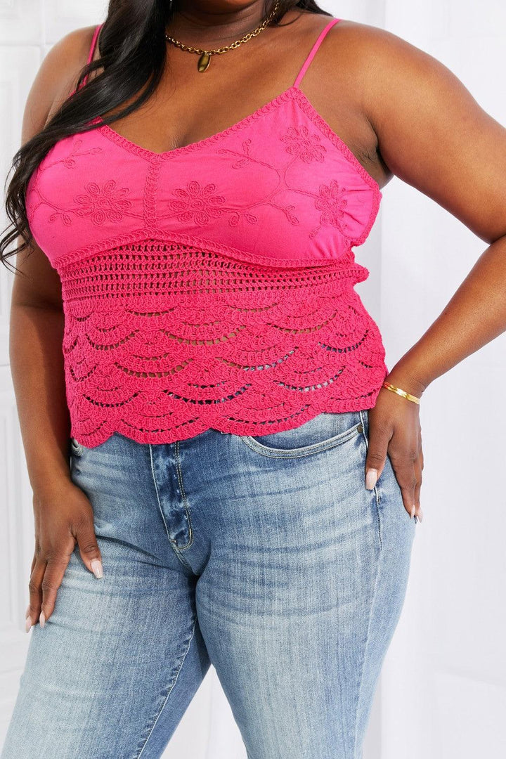 Charming Sleeveless Hot Pink Plus Size Crochet Lace Top - MXSTUDIO.COM