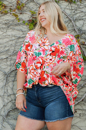 Cheerful Half Sleeve Plus Size Floral Top - MXSTUDIO.COM