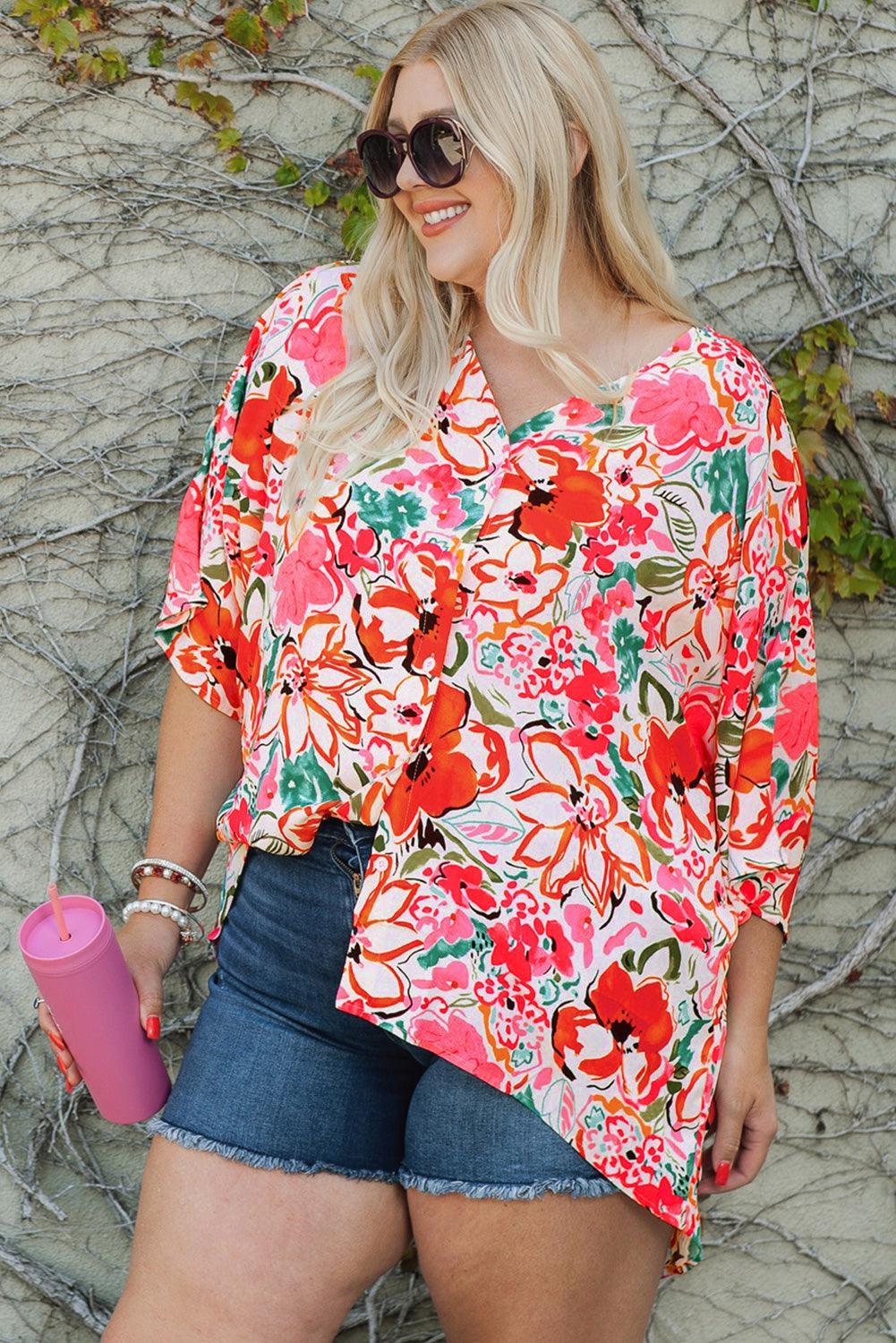 Cheerful Half Sleeve Plus Size Floral Top - MXSTUDIO.COM