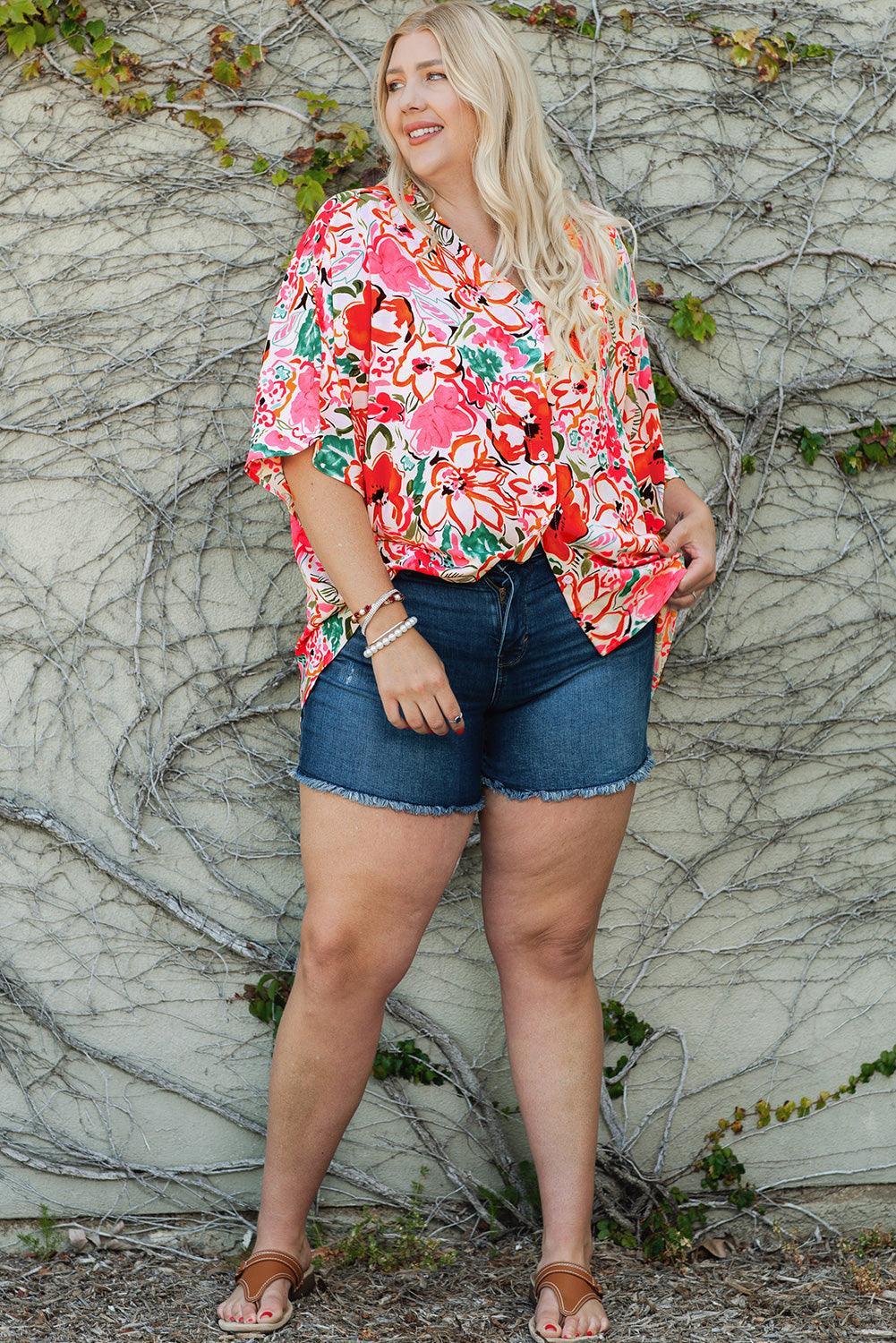 Cheerful Half Sleeve Plus Size Floral Top - MXSTUDIO.COM