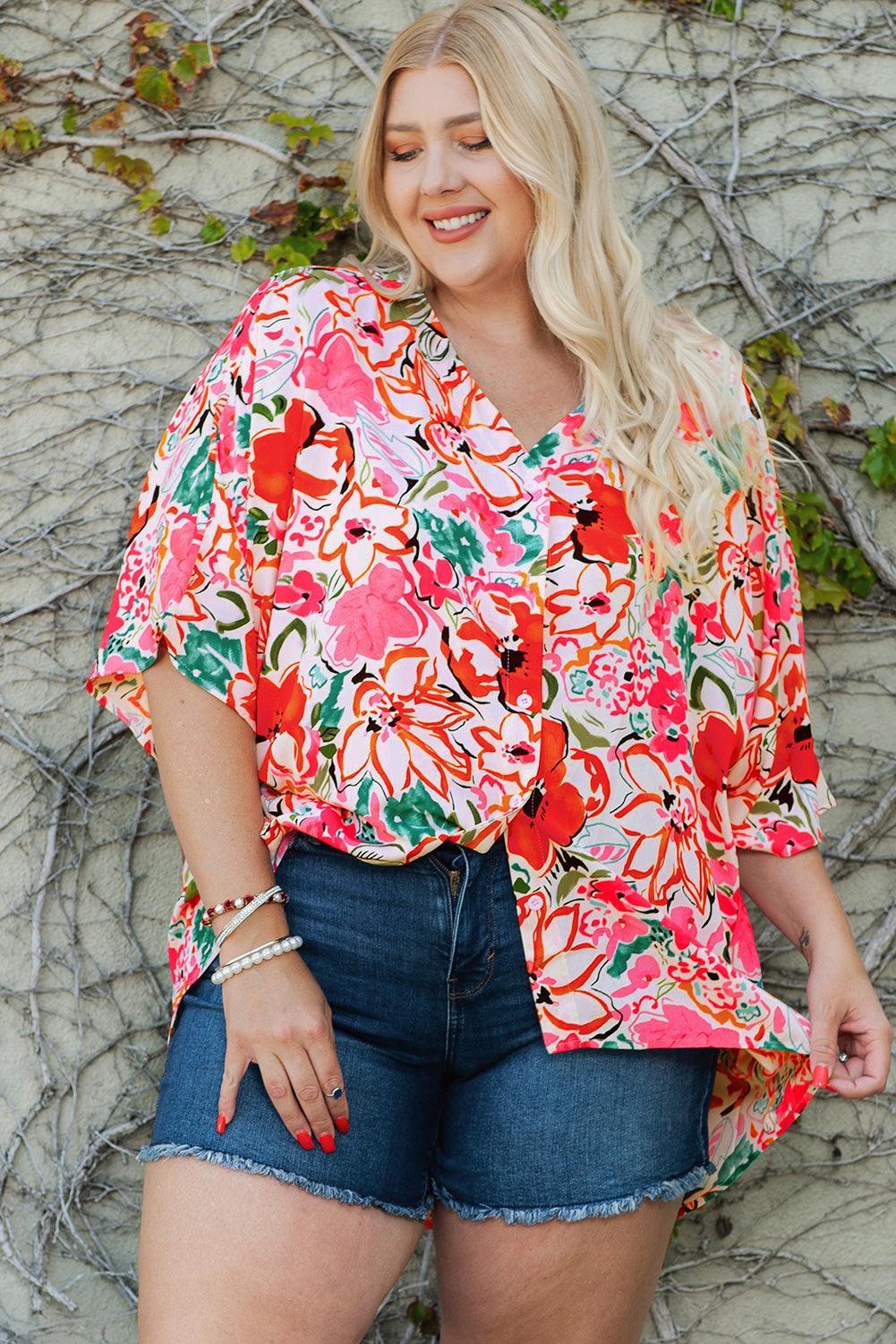 Cheerful Half Sleeve Plus Size Floral Top - MXSTUDIO.COM