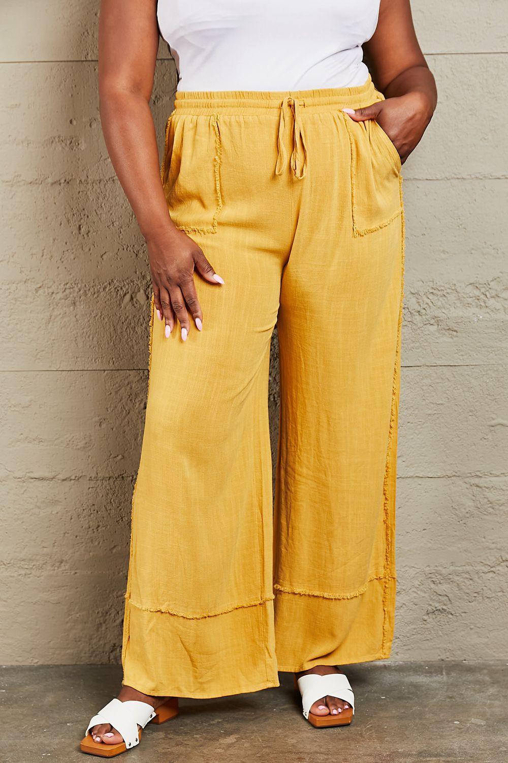 Cheerful Mineral Wash Women's Plus Size Wide Leg Pants - MXSTUDIO.COM