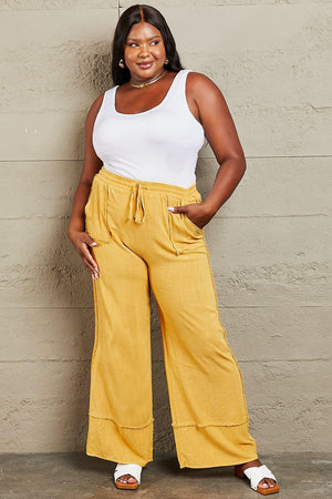 Cheerful Mineral Wash Women's Plus Size Wide Leg Pants - MXSTUDIO.COM