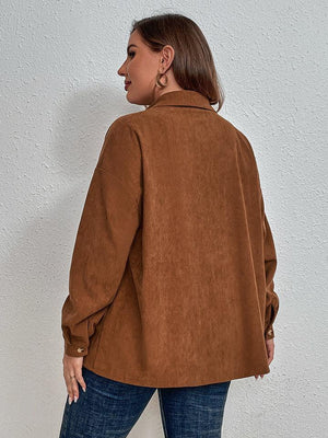 Chestnut Collared Neck Plus Size Long Sleeve Shirt - MXSTUDIO.COM