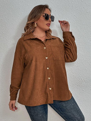 Chestnut Collared Neck Plus Size Long Sleeve Shirt - MXSTUDIO.COM