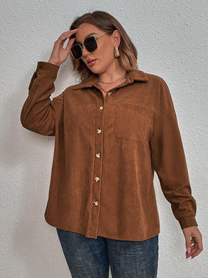 Chestnut Collared Neck Plus Size Long Sleeve Shirt - MXSTUDIO.COM