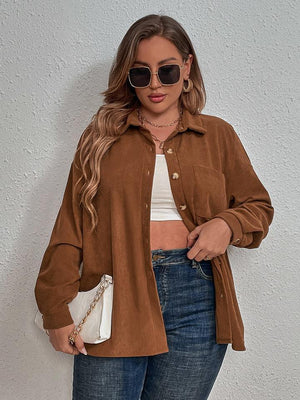 Chestnut Collared Neck Plus Size Long Sleeve Shirt - MXSTUDIO.COM