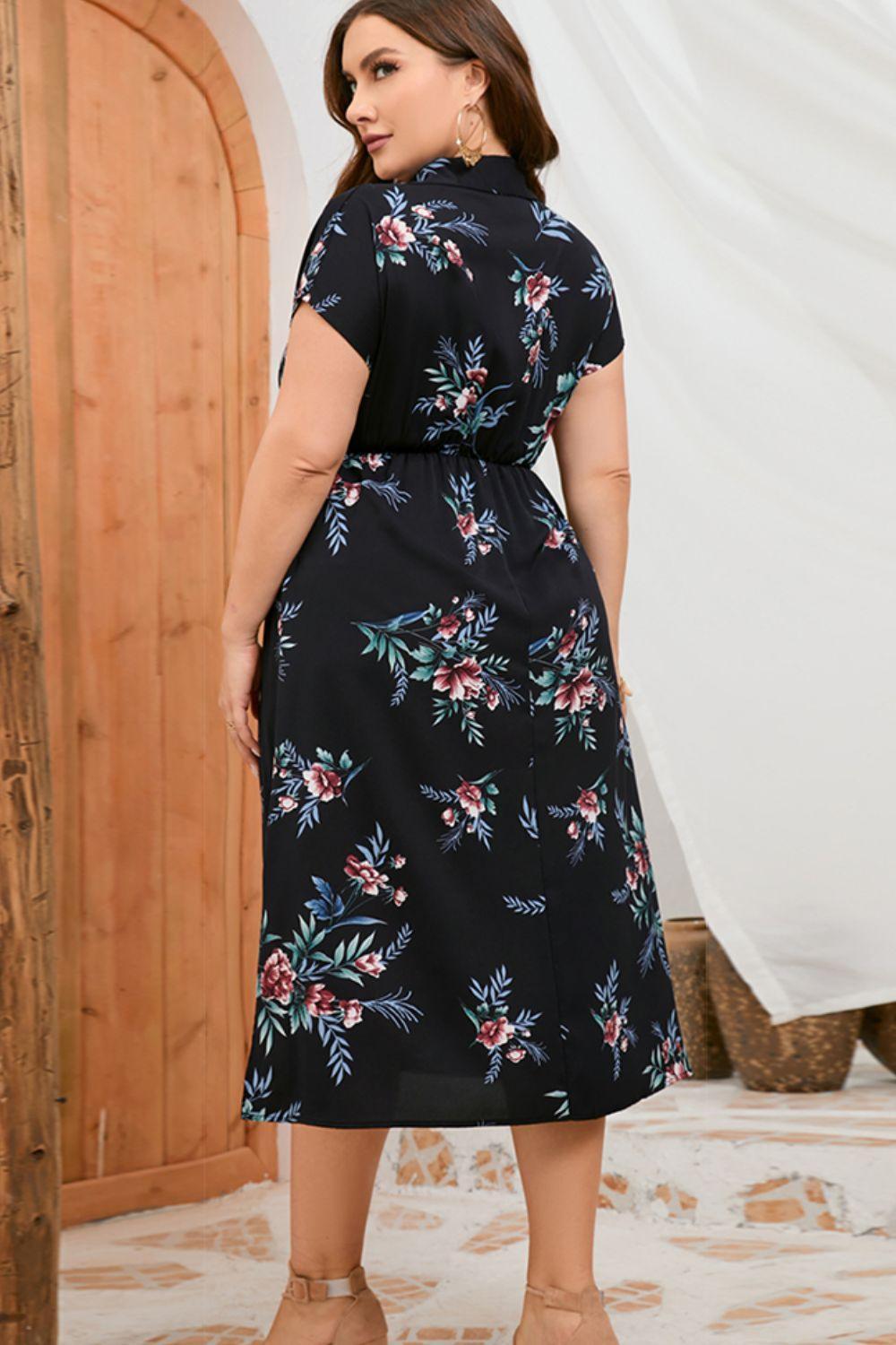 Chic Allure Plus Size Floral V Neck Midi Dress - MXSTUDIO.COM