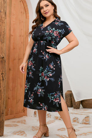 Chic Allure Plus Size Floral V Neck Midi Dress - MXSTUDIO.COM