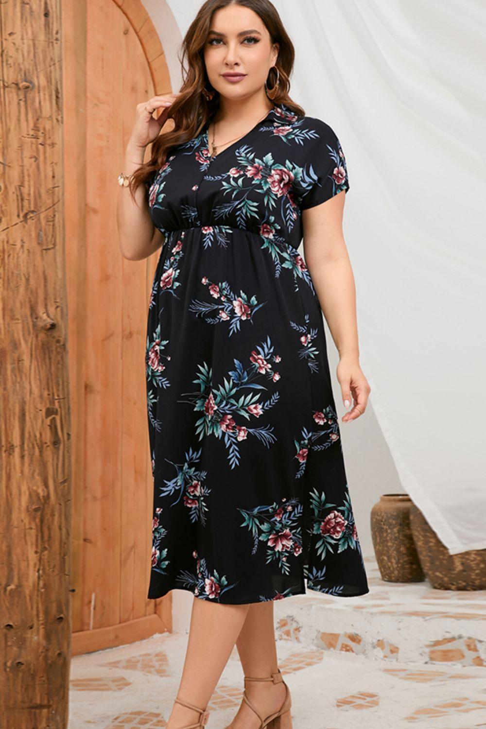 Chic Allure Plus Size Floral V Neck Midi Dress - MXSTUDIO.COM