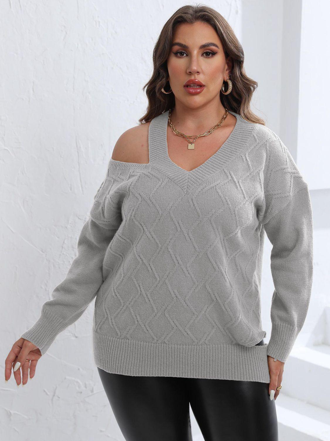 Chic Cutout Shoulder Plus Size V Neck Sweater - MXSTUDIO.COM