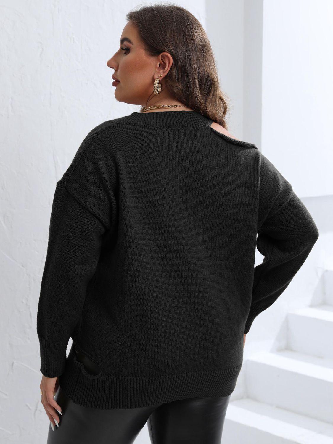 Chic Cutout Shoulder Plus Size V Neck Sweater - MXSTUDIO.COM