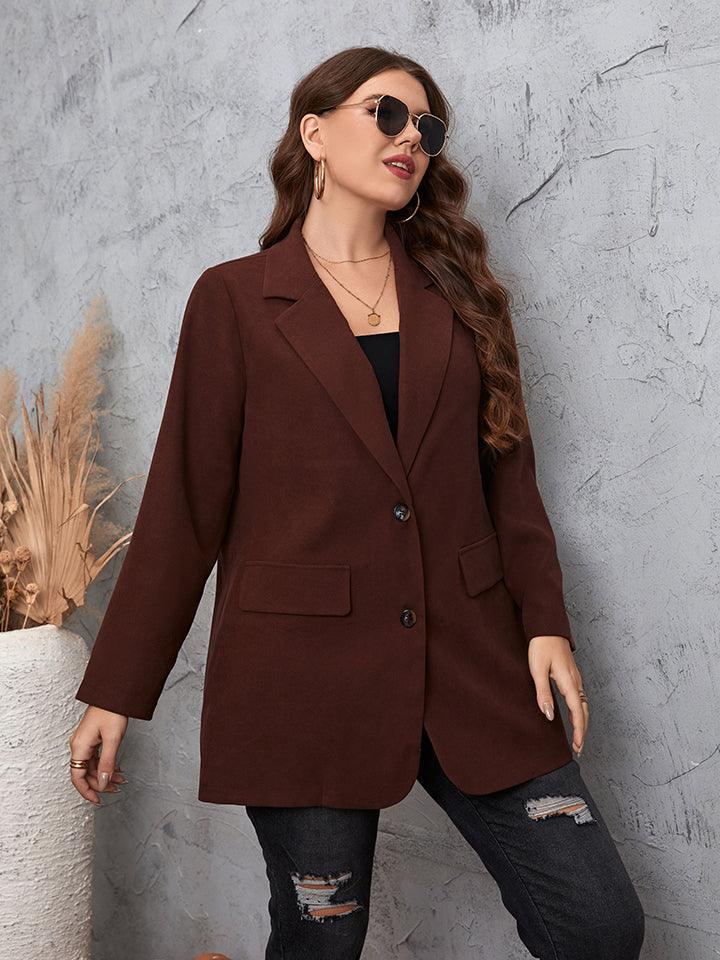 Chocolate Brown Long Sleeve Plus Size Women's Blazer - MXSTUDIO.COM