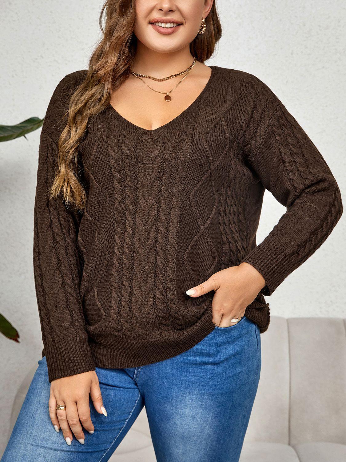 Chocolate Brown V-Neck Plus Size Cable Knit Sweater - MXSTUDIO.COM