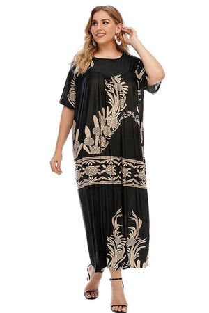 Classic Plus Size Floral Round Neck Maxi Dress - MXSTUDIO.COM