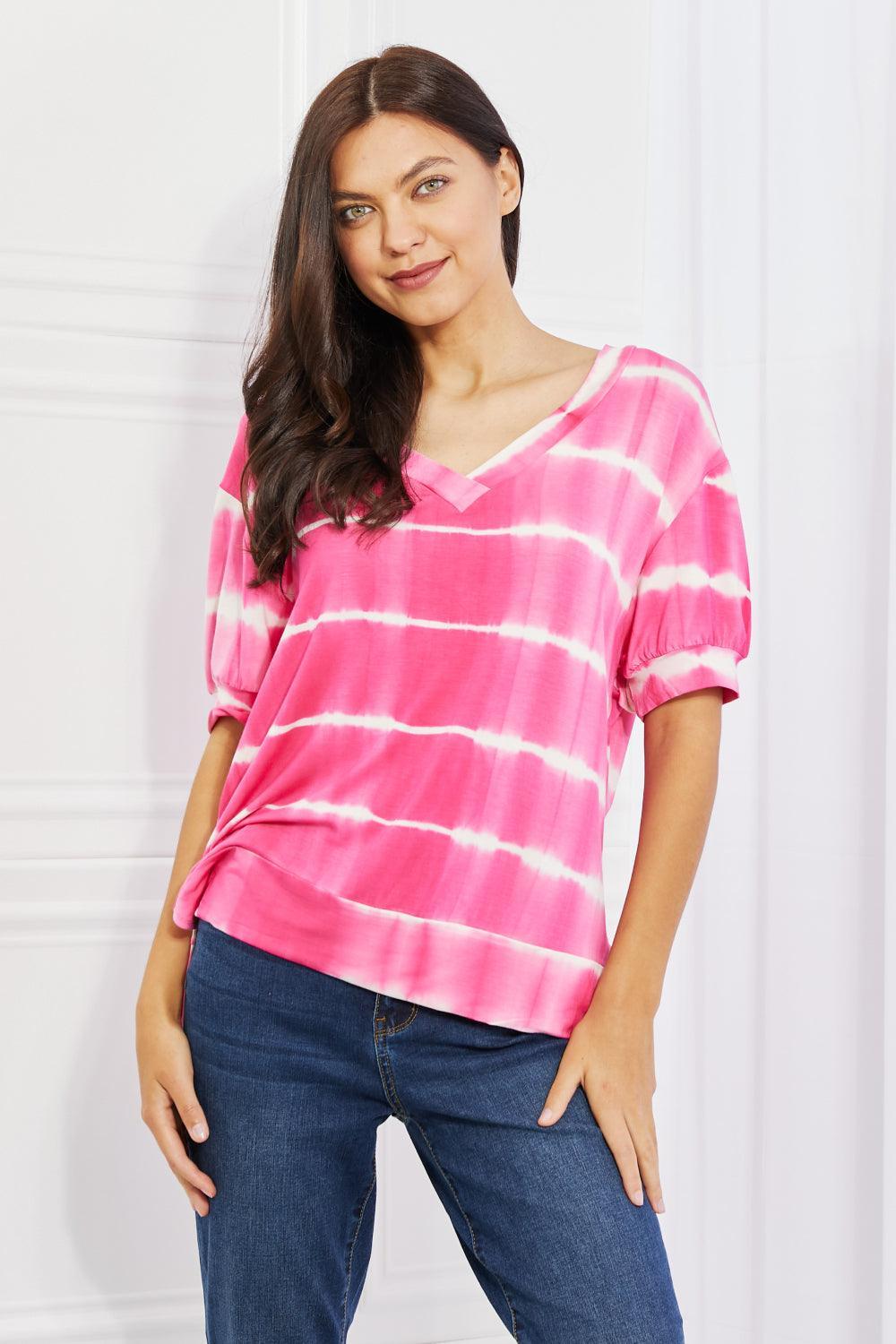 Classy Allure Hot Pink V-Neck Plus Size Striped Top - MXSTUDIO.COM