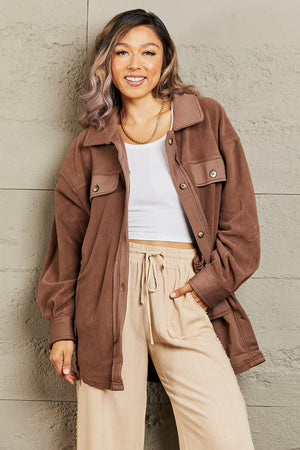 Coffee Brown Button Down Womens Plus Size Shacket - MXSTUDIO.COM