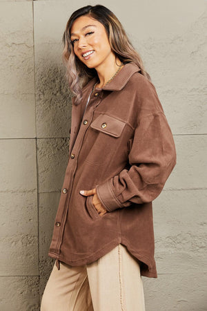 Coffee Brown Button Down Womens Plus Size Shacket - MXSTUDIO.COM