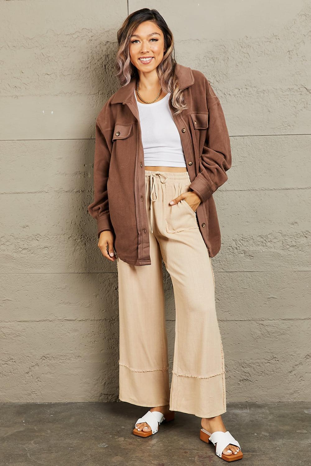 Coffee Brown Button Down Womens Plus Size Shacket - MXSTUDIO.COM