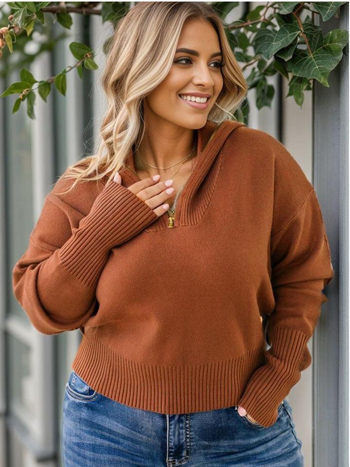 Collared Neck Zip-Up Plus Size Womens Sweater - MXSTUDIO.COM