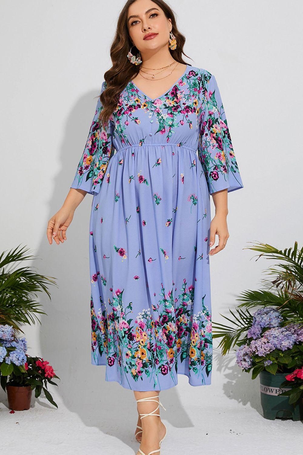 Comfort-First Plus Size Floral V-Neck Midi Dress - MXSTUDIO.COM