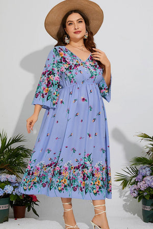 Comfort-First Plus Size Floral V-Neck Midi Dress - MXSTUDIO.COM