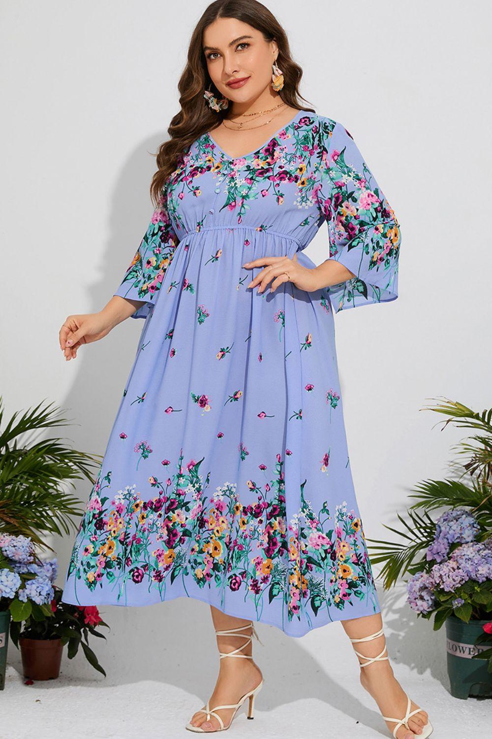 Comfort-First Plus Size Floral V-Neck Midi Dress - MXSTUDIO.COM