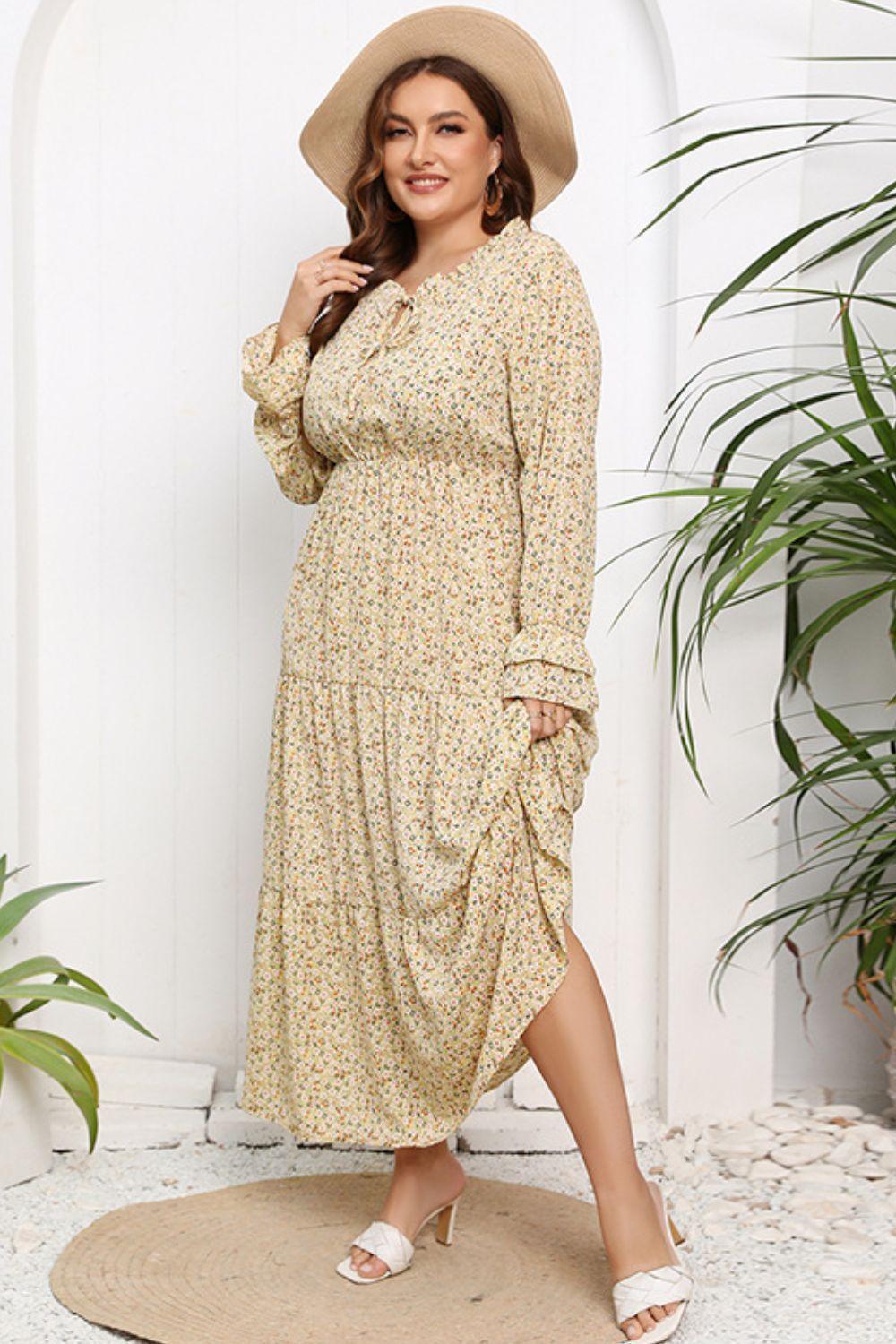 Compelling Plus Size Floral Beige Flounce Sleeve Dress - MXSTUDIO.COM