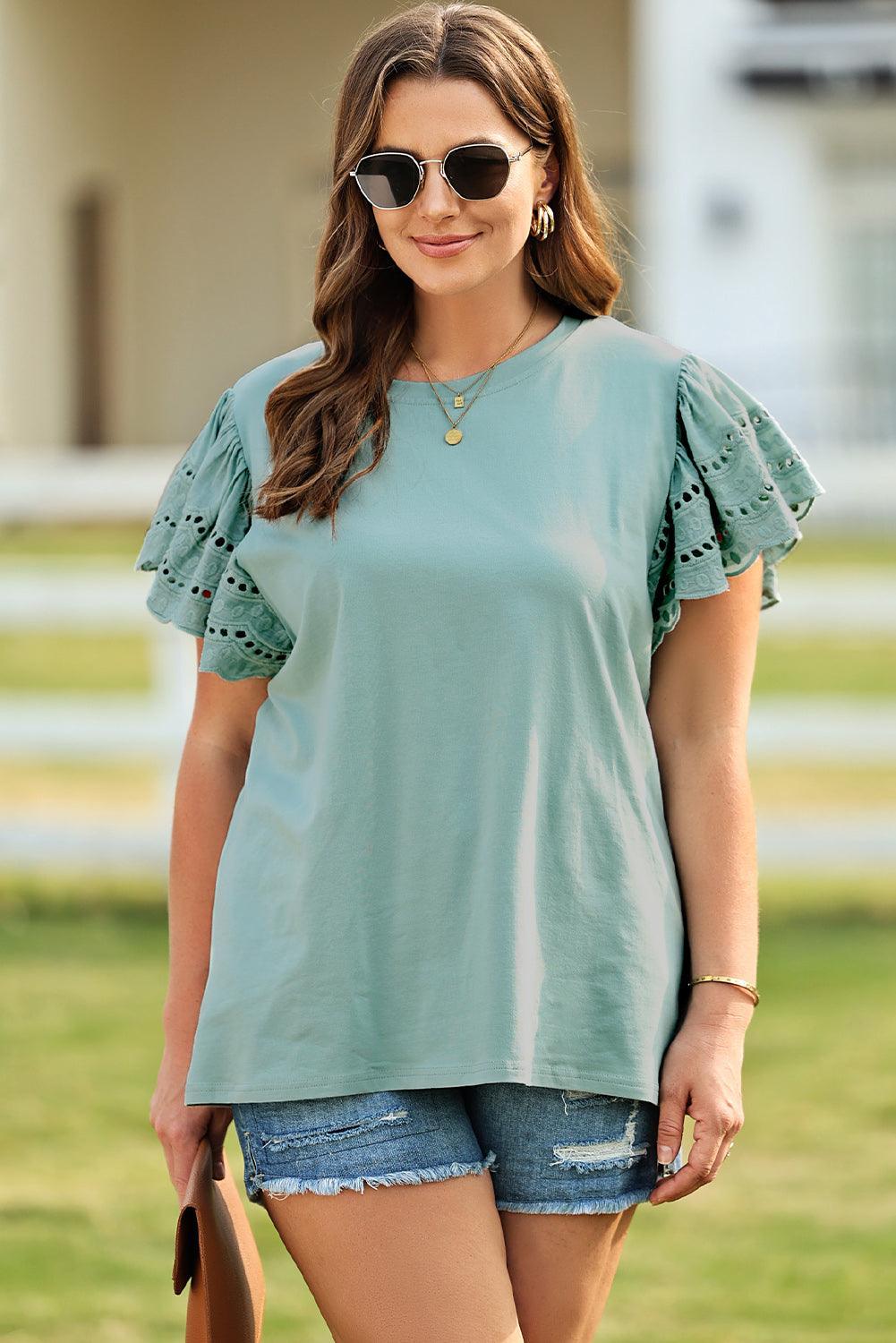 Compelling Plus Size Round Neck Butterfly Sleeve Top - MXSTUDIO.COM