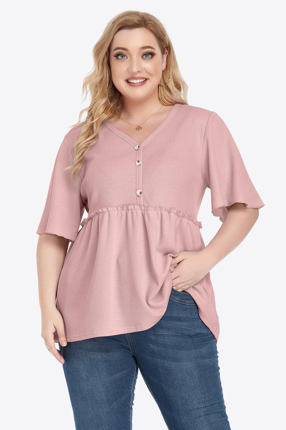 Contemporary Buttoned Frill Trim Plus Size Babydoll Blouse - MXSTUDIO.COM