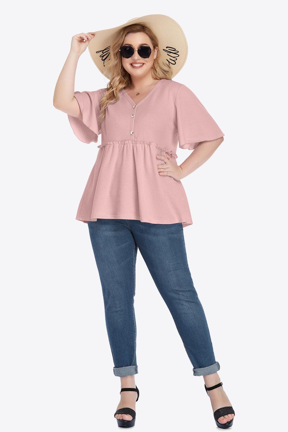 Contemporary Buttoned Frill Trim Plus Size Babydoll Blouse - MXSTUDIO.COM