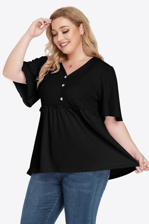 Contemporary Buttoned Frill Trim Plus Size Babydoll Blouse - MXSTUDIO.COM