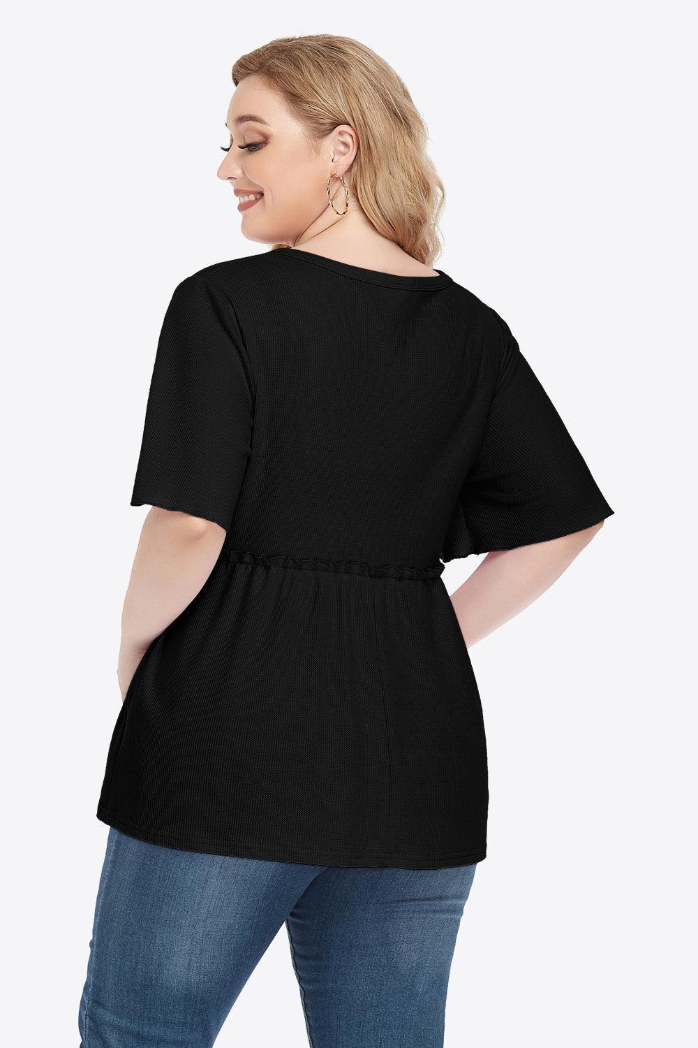 Contemporary Buttoned Frill Trim Plus Size Babydoll Blouse - MXSTUDIO.COM