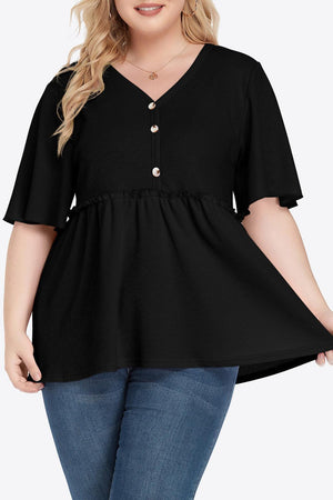 Contemporary Buttoned Frill Trim Plus Size Babydoll Blouse - MXSTUDIO.COM