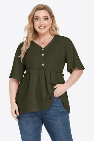 Contemporary Buttoned Frill Trim Plus Size Babydoll Blouse - MXSTUDIO.COM