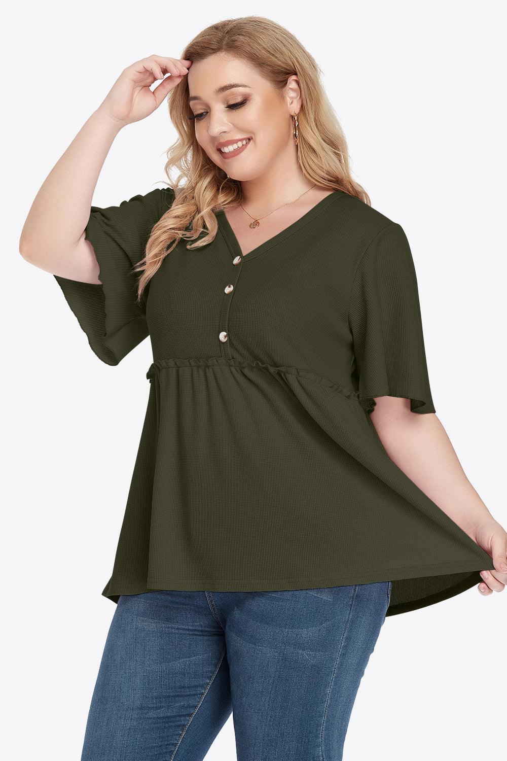 Contemporary Buttoned Frill Trim Plus Size Babydoll Blouse - MXSTUDIO.COM