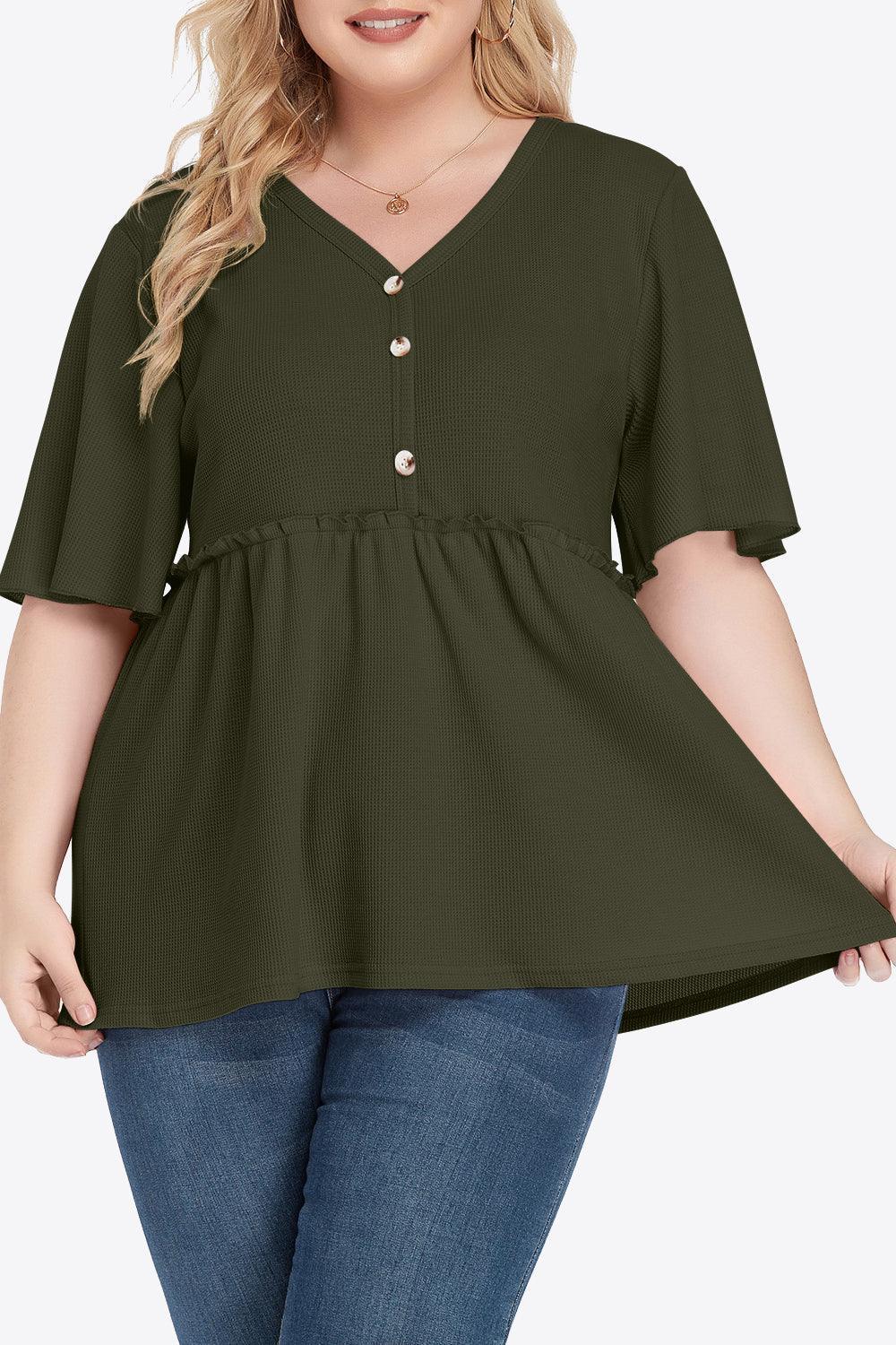 Contemporary Buttoned Frill Trim Plus Size Babydoll Blouse - MXSTUDIO.COM