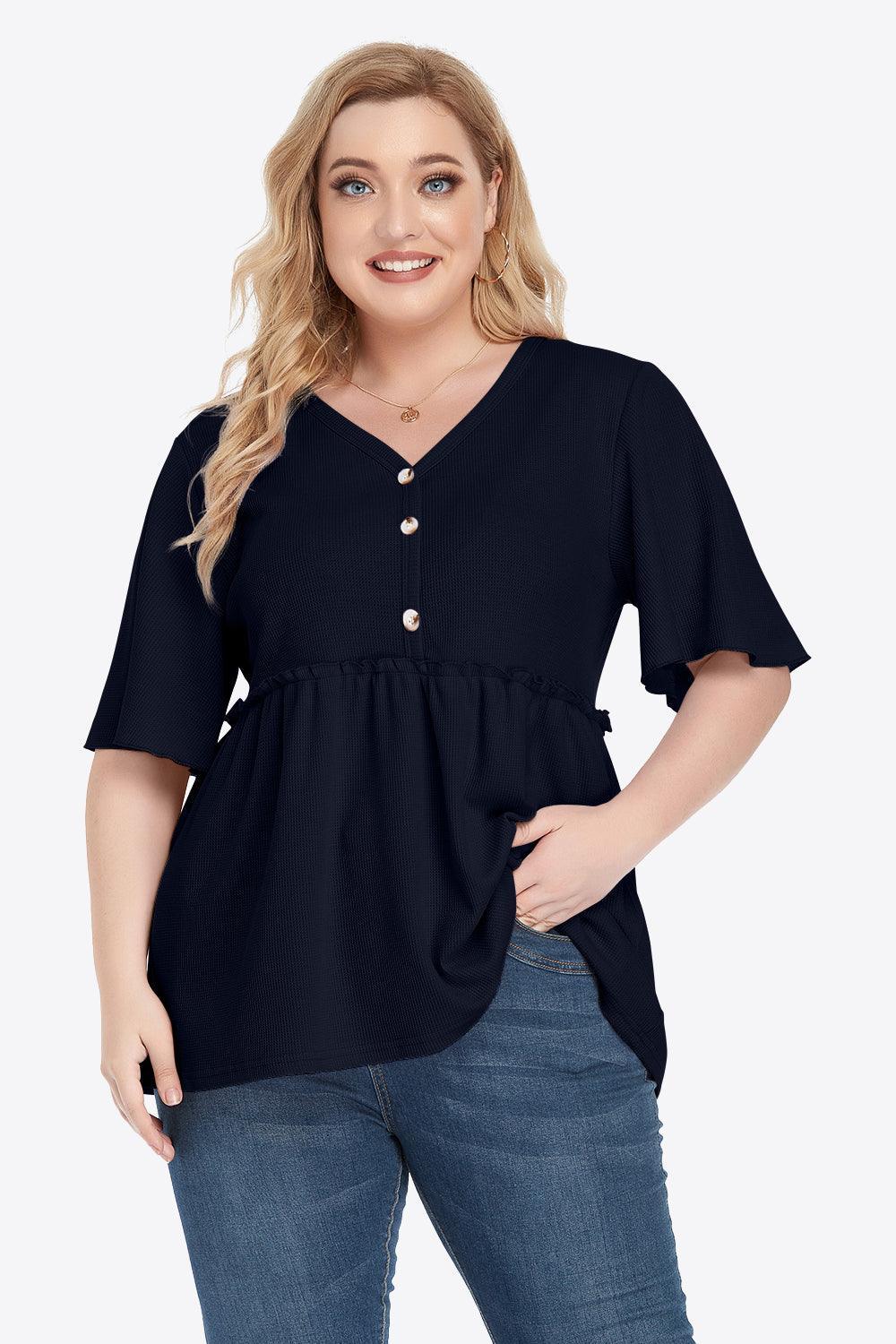 Contemporary Buttoned Frill Trim Plus Size Babydoll Blouse - MXSTUDIO.COM