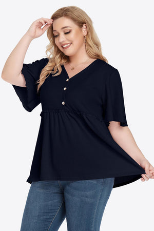 Contemporary Buttoned Frill Trim Plus Size Babydoll Blouse - MXSTUDIO.COM