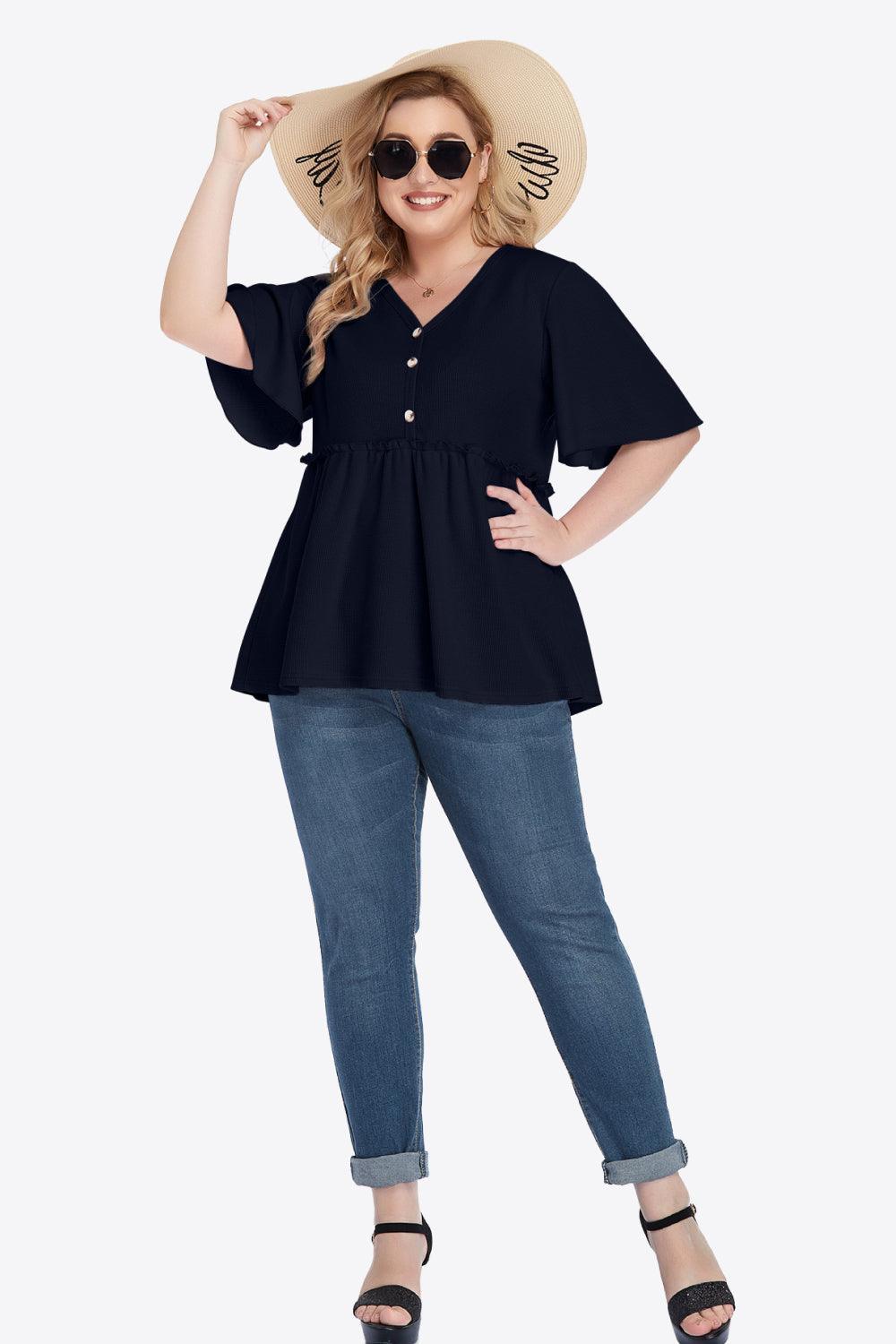 Contemporary Buttoned Frill Trim Plus Size Babydoll Blouse - MXSTUDIO.COM