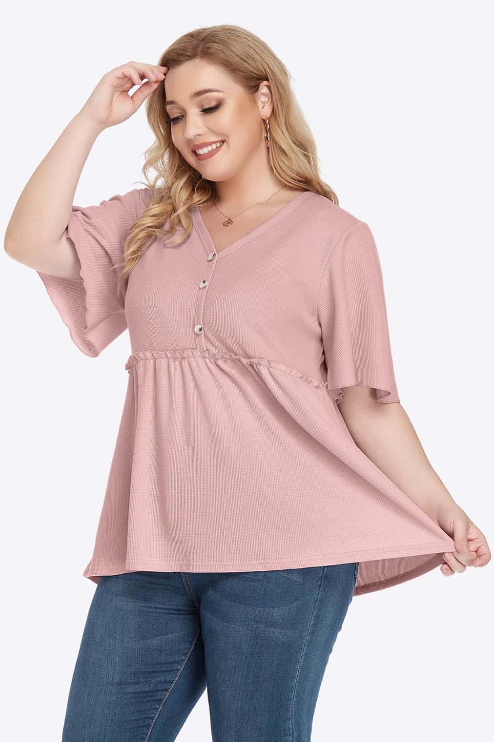 Contemporary Buttoned Frill Trim Plus Size Babydoll Blouse - MXSTUDIO.COM